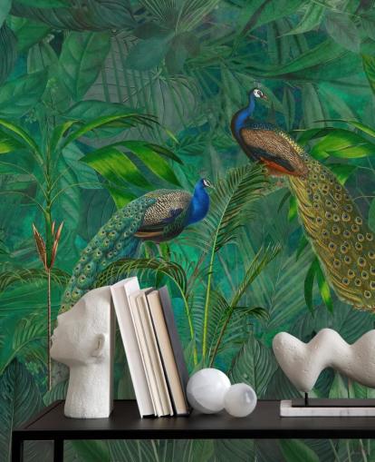 carta da parati verde personalizzata con pavone chiamata Peacock Paradise Jungle di Andrea Haase per camera da letto o soggiorno carta da parati verde personalizzata con pavone chiamata Peacock Paradise Jungle di Andrea Haase per camera da letto o soggiorno