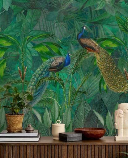 grön anpassad påfågel tapet kallad Peacock Paradise Jungle av Andrea Haase för sovrum eller vardagsrum