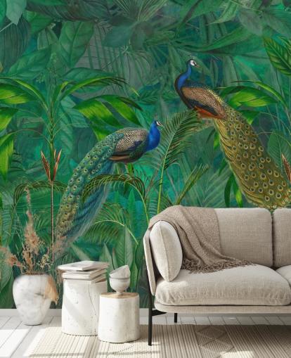carta da parati verde personalizzata con pavone chiamata Peacock Paradise Jungle di Andrea Haase per camera da letto o soggiorno carta da parati verde personalizzata con pavone chiamata Peacock Paradise Jungle di Andrea Haase per camera da letto o soggiorno