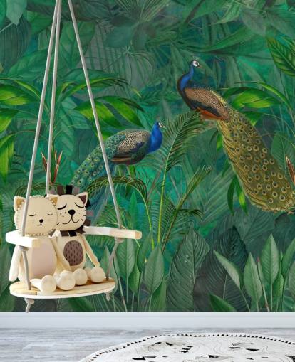 green custom peacock wallpaper called Peacock Paradise Jungle by Andrea Haase for bedroom or living room