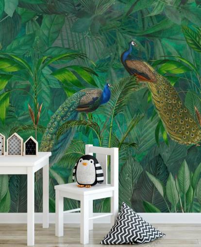 Andrea Haasen vihreä mukautettu riikinkukko-taustakuva nimeltä Peacock Paradise Jungle makuuhuoneeseen tai olohuoneeseen