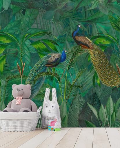 green custom peacock wallpaper called Peacock Paradise Jungle by Andrea Haase for bedroom or living room green custom peacock wallpaper called Peacock Paradise Jungle by Andrea Haase for bedroom or living room