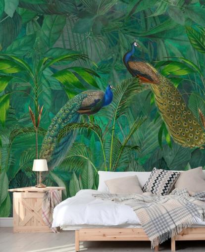 papel pintado verde personalizado de pavo real llamado Peacock Paradise Jungle de Andrea Haase para dormitorio o sala de estar