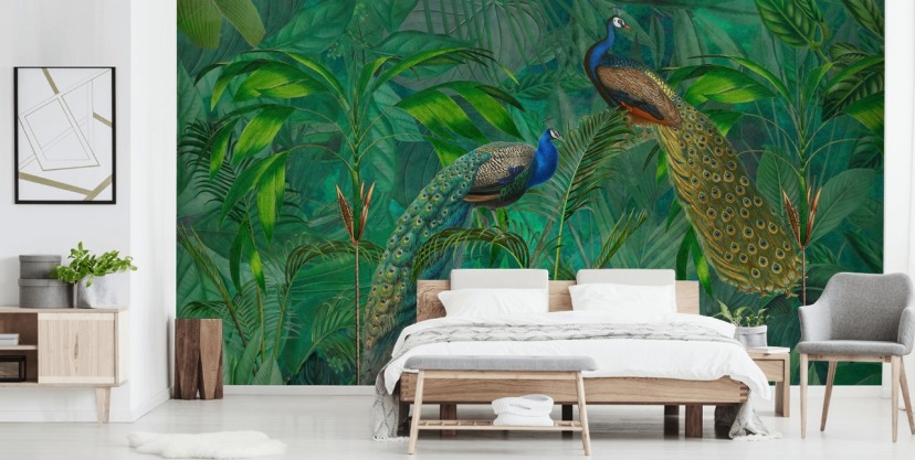 green custom peacock wallpaper called Peacock Paradise Jungle by Andrea Haase for bedroom or living room