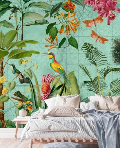 mural de papel de parede tropical verde-azulado chamado Tropical Paradise, de Andrea Haase, para quartos e salas de estar mural de papel de parede tropical verde-azulado chamado Tropical Paradise, de Andrea Haase, para quartos e salas de estar
