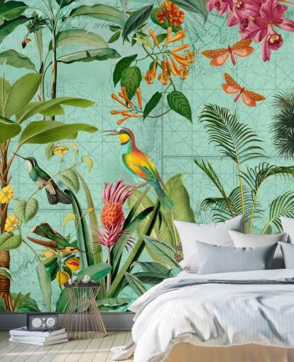 teal and green tropical wallpaper mural called Tropical Paradise by Andrea Haase for bedrooms and living rooms