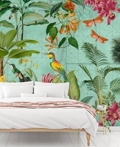 teal and green tropical wallpaper mural called Tropical Paradise by Andrea Haase for bedrooms and living rooms