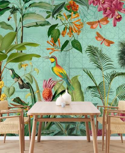papier peint mural tropical bleu sarcelle et vert appelé Tropical Paradise par Andrea Haase pour les chambres et les salons