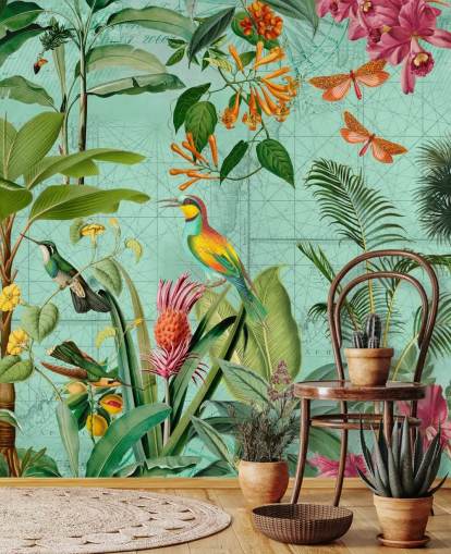 Blaugrünes und grünes tropisches Tapeten-Wandbild namens Tropical Paradise von Andrea Haase für Schlafzimmer und Wohnzimmer