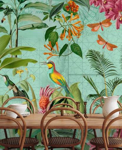 papier peint mural tropical bleu sarcelle et vert appelé Tropical Paradise par Andrea Haase pour les chambres et les salons