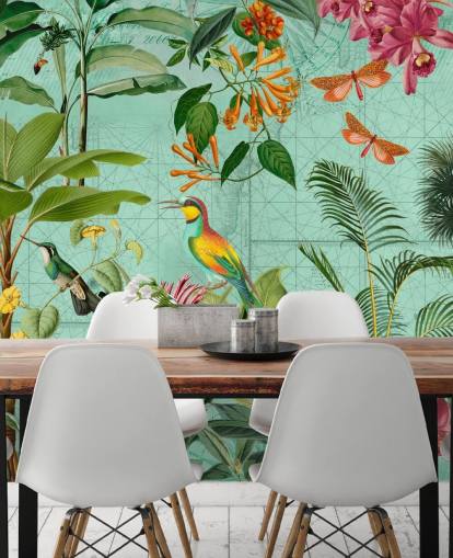 teal and green tropical wallpaper mural called Tropical Paradise by Andrea Haase for bedrooms and living rooms