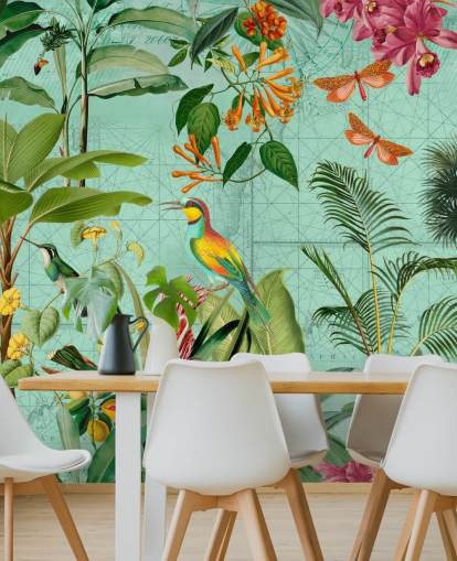 kricka och grön tropisk tapet väggmålning kallad Tropical Paradise av Andrea Haase för sovrum och vardagsrum