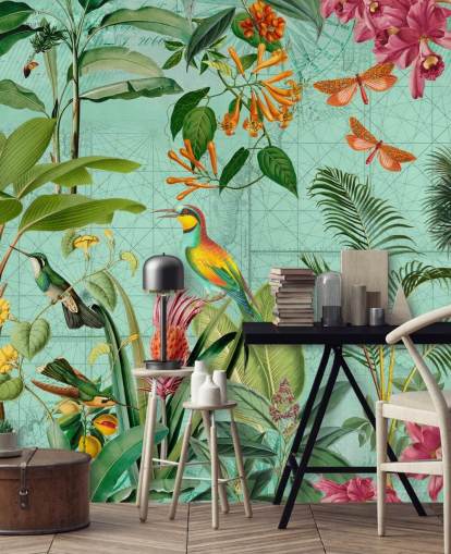 blågrønn og grønn tropisk tapet veggmaleri kalt Tropical Paradise av Andrea Haase for soverom og stuer blågrønn og grønn tropisk tapet veggmaleri kalt Tropical Paradise av Andrea Haase for soverom og stuer