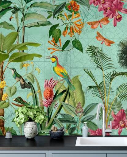 groenblauwe en groene tropische behangmuurschildering genaamd Tropical Paradise van Andrea Haase voor slaapkamers en woonkamers groenblauwe en groene tropische behangmuurschildering genaamd Tropical Paradise van Andrea Haase voor slaapkamers en woonkamers
