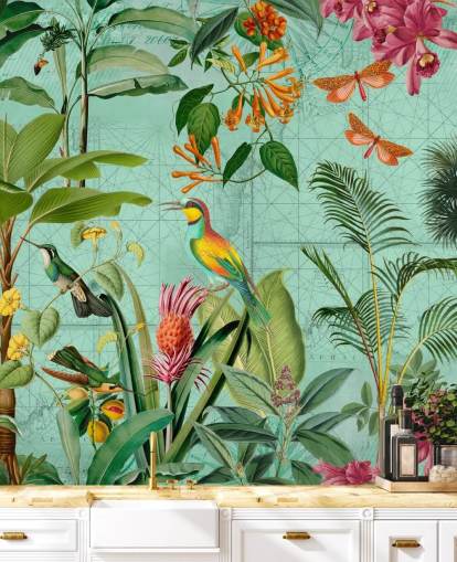 mural de papel pintado tropical verde y verde azulado llamado Tropical Paradise de Andrea Haase para dormitorios y salas de estar