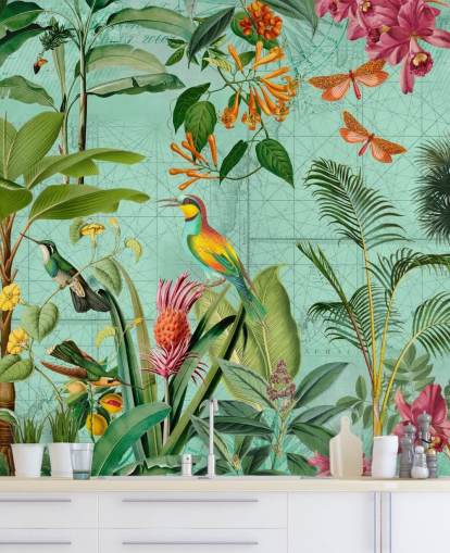 mural de papel pintado tropical verde y verde azulado llamado Tropical Paradise de Andrea Haase para dormitorios y salas de estar