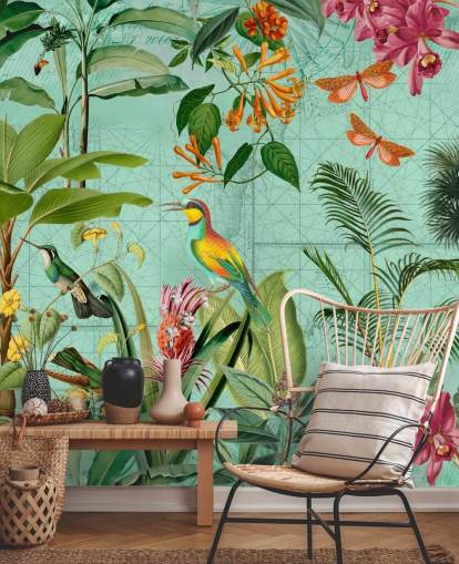 teal and green tropical wallpaper mural called Tropical Paradise by Andrea Haase for bedrooms and living rooms
