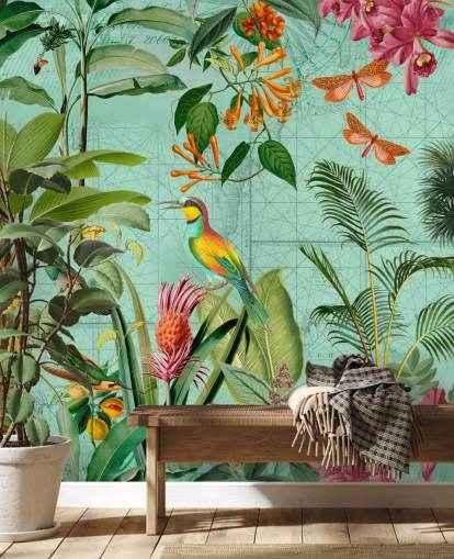 teal and green tropical wallpaper mural called Tropical Paradise by Andrea Haase for bedrooms and living rooms