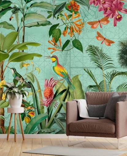 teal and green tropical wallpaper mural called Tropical Paradise by Andrea Haase for bedrooms and living rooms