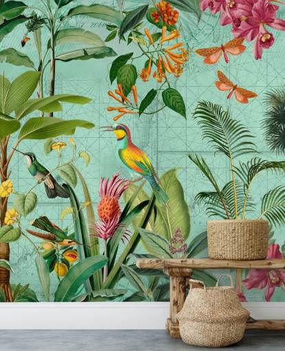 carta da parati murale tropicale verde e verde chiamata Tropical Paradise di Andrea Haase per camere da letto e salotti