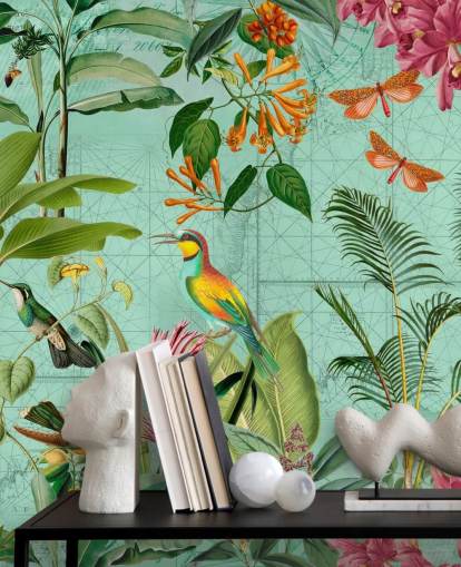 mural de papel de parede tropical verde-azulado chamado Tropical Paradise, de Andrea Haase, para quartos e salas de estar mural de papel de parede tropical verde-azulado chamado Tropical Paradise, de Andrea Haase, para quartos e salas de estar