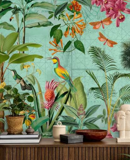 Andrea Haasen sinivihreä ja vihreä trooppinen taustakuvamaalaus nimeltä Tropical Paradise makuuhuoneisiin ja olohuoneisiin