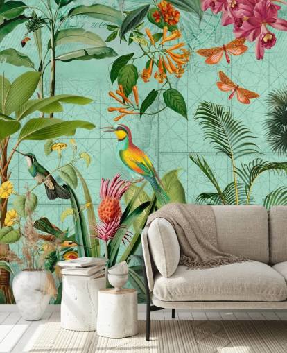 papier peint mural tropical bleu sarcelle et vert appelé Tropical Paradise par Andrea Haase pour les chambres et les salons