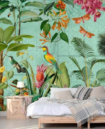 kricka och grön tropisk tapet väggmålning kallad Tropical Paradise av Andrea Haase för sovrum och vardagsrum