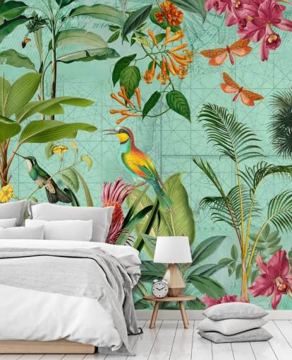 kricka och grön tropisk tapet väggmålning kallad Tropical Paradise av Andrea Haase för sovrum och vardagsrum