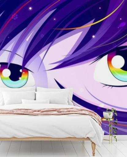 papel de parede de cabelo roxo e olhos de arco-íris