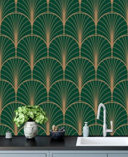 Papel pintado Art Deco verde esmeralda