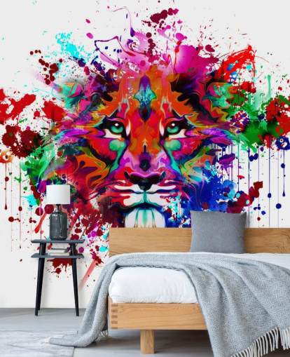 papier peint graffiti coloré et personnalisable appelé Lion Graffiti pour les chambres à coucher et les bureaux à domicile