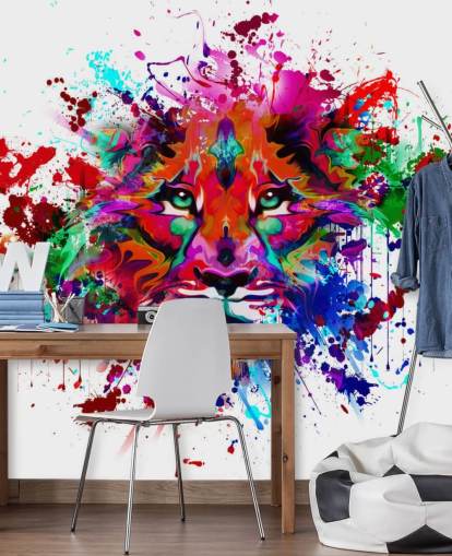 kleurrijke aanpasbare graffitibehangmuurschildering genaamd Lion Graffiti voor slaapkamers en thuiskantoren