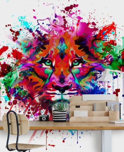 mural colorido de papel de parede de grafite personalizável chamado Lion Graffiti para quartos e escritórios domésticos