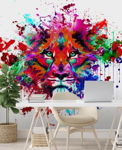 fargerikt tilpassbart graffiti tapet veggmaleri kalt Lion Graffiti for soverom og hjemmekontorer