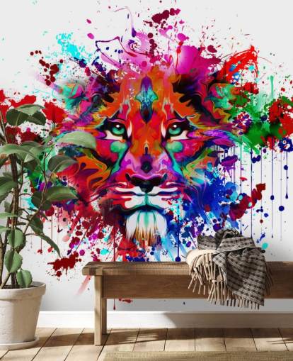 farverigt tilpasseligt graffiti tapetmaleri kaldet Lion Graffiti til soveværelser og hjemmekontorer