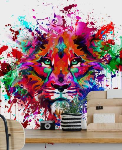 kleurrijke aanpasbare graffitibehangmuurschildering genaamd Lion Graffiti voor slaapkamers en thuiskantoren