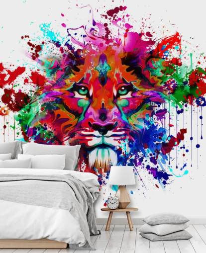 värikäs muokattava graffiti-taustakuvamaalaus nimeltä Lion Graffiti makuuhuoneisiin ja kotitoimistoihin