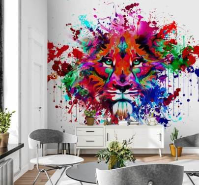 kleurrijke aanpasbare graffitibehangmuurschildering genaamd Lion Graffiti voor slaapkamers en thuiskantoren