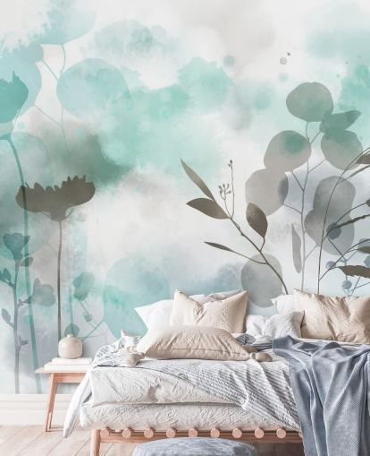 blauwe aquarel bloemenmuurschildering genaamd Cool Ether van Katy Clemmans voor woon- en slaapkamers blauwe aquarel bloemenmuurschildering genaamd Cool Ether van Katy Clemmans voor woon- en slaapkamers