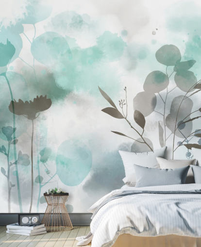 papier peint floral aquarelle bleu appelé Cool Ether par Katy Clemmans pour les salons et les chambres