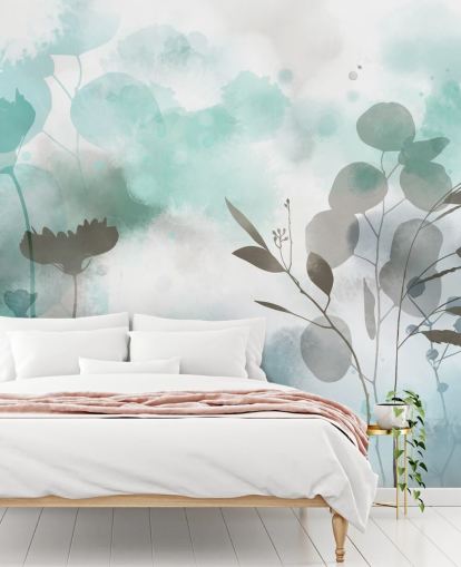 blauwe aquarel bloemenmuurschildering genaamd Cool Ether van Katy Clemmans voor woon- en slaapkamers blauwe aquarel bloemenmuurschildering genaamd Cool Ether van Katy Clemmans voor woon- en slaapkamers