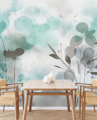 blue watercolour floral wallpaper mural called Cool Ether by Katy Clemmans for living rooms and bedrooms
