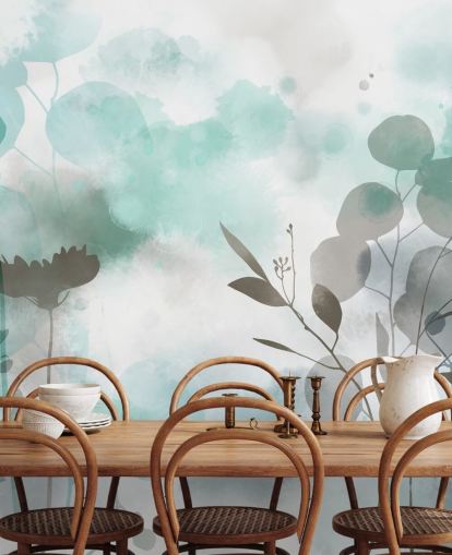 papier peint floral aquarelle bleu appelé Cool Ether par Katy Clemmans pour les salons et les chambres