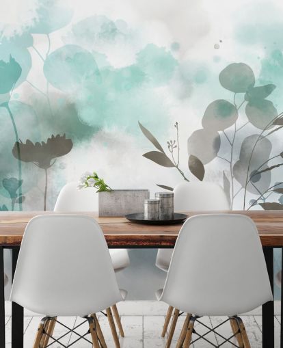 blue watercolour floral wallpaper mural called Cool Ether by Katy Clemmans for living rooms and bedrooms