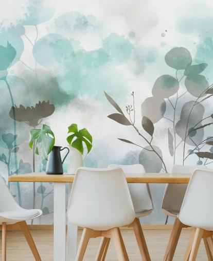 blå akvarell blommig tapetväggmålning kallad Cool Ether av Katy Clemmans för vardagsrum och sovrum
