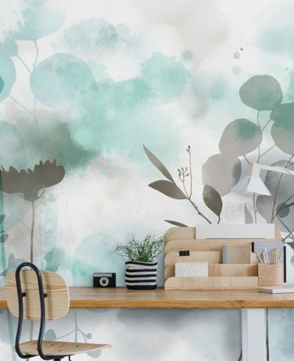 papier peint floral aquarelle bleu appelé Cool Ether par Katy Clemmans pour les salons et les chambres