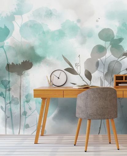 blue watercolor floral wallpaper mural called Cool Ether by Katy Clemmans for living rooms and bedrooms
