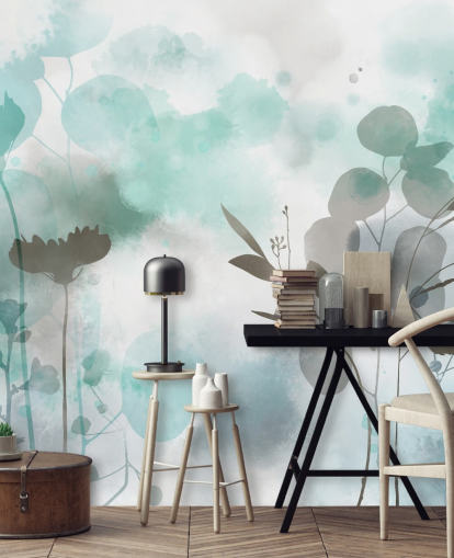 mural de papel pintado floral en acuarela azul llamado Cool Ether de Katy Clemmans para salas de estar y dormitorios