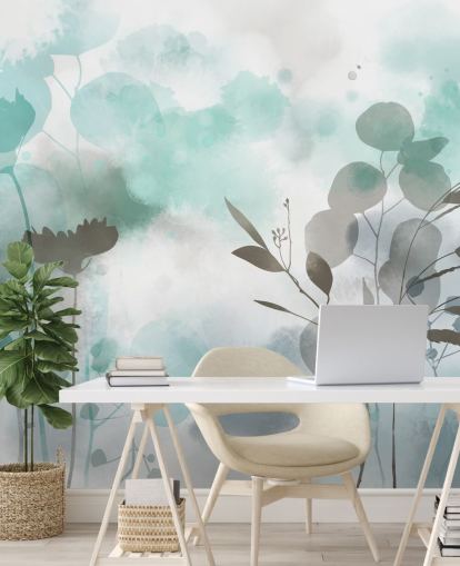 mural de papel de parede floral em aquarela azul chamado Cool Ether de Katy Clemmans para salas de estar e quartos